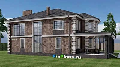 Проект двухэтажного дома 12 на 20, площадью 350 м² с террасой, балконом, спортзалом и 2 спальнями — фасад 2