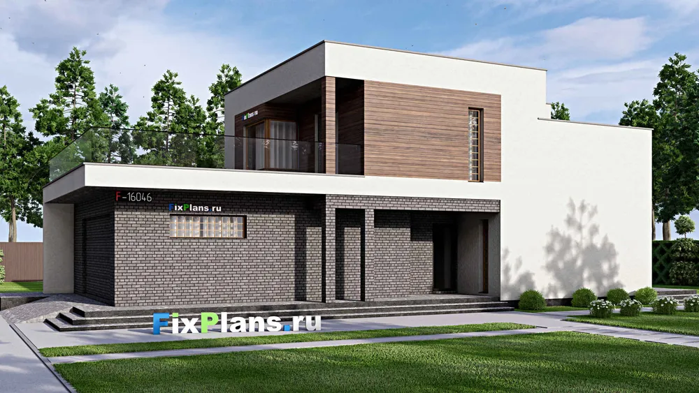 Проект двухэтажного дома 11 на 24, площадью 280 м² с террасой, балконом, гаражом на 2 машины и 3 спальнями — фасад 1
