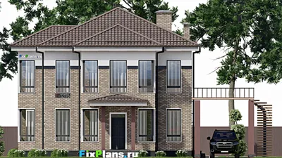 Проект двухэтажного дома 16 на 18, площадью 270 м² с террасой, балконом и 4 спальнями — фасад 3