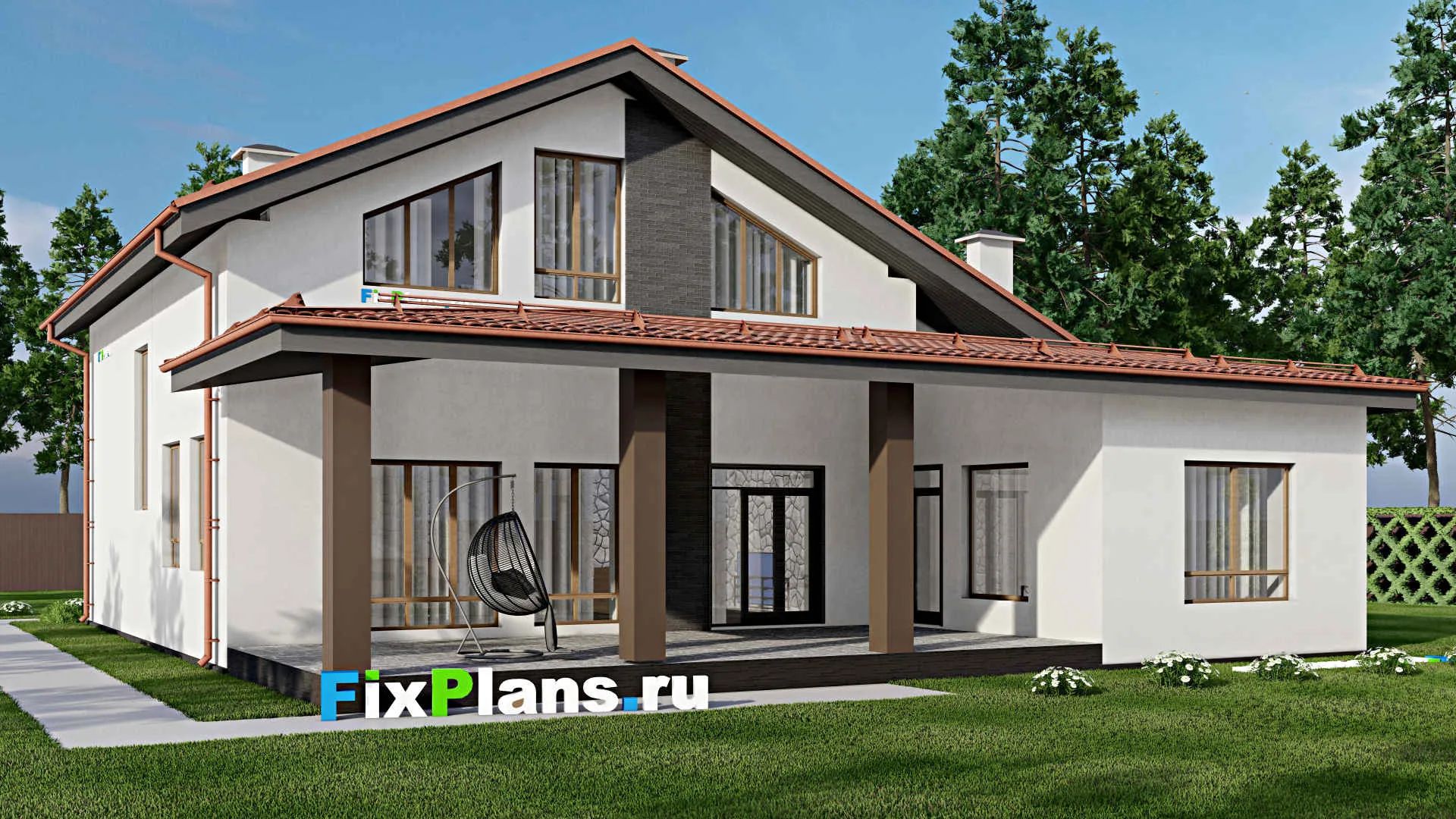 F-9692 - Проект дома с мансардой 16 на 18, площадью 300 м² с террасой, баней, гаражом на 1 машину и 4 спальнями