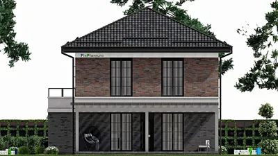 Проект двухэтажного дома 12 на 16, площадью 250 м² с террасой, балконом, гаражом на 1 машину и 4 спальнями — фасад 5