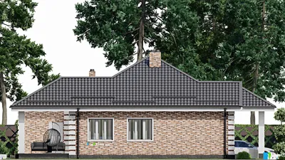 Проект одноэтажного дома 15 на 15, площадью 150 м² с террасой, гаражом на 1 машину и 3 спальнями — фасад 4