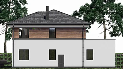 Проект двухэтажного дома 14 на 16, площадью 290 м² с террасой, балконом, гаражом на 2 машины и 2 спальнями — фасад 6