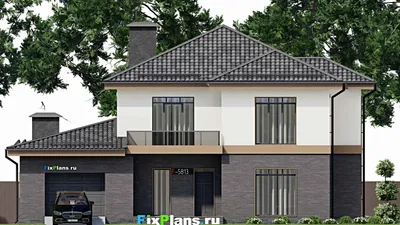 Проект двухэтажного дома 13 на 15, площадью 270 м² с террасой, балконом, гаражом на 2 машины и 5 спальнями — фасад 3