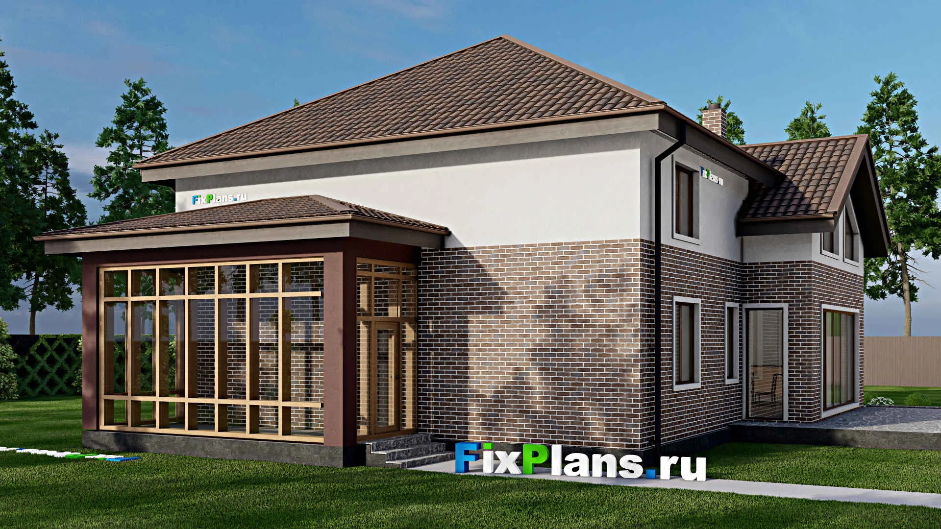 F-8792 - Проект дома с мансардой 17 на 22, площадью 310 м² с террасой, гаражом на 1 машину и 6 спальнями