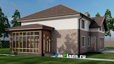 Проект дома с мансардой 17 на 22, площадью 310 м² с террасой, гаражом на 1 машину и 6 спальнями — фасад 2