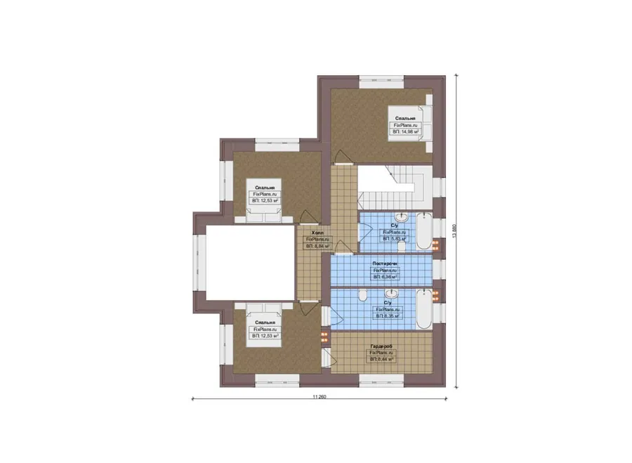 Проект двухэтажного дома 16 на 18, площадью 250 м² с террасой, баней, гаражом на 2 машины и 4 спальнями — 2-й этаж