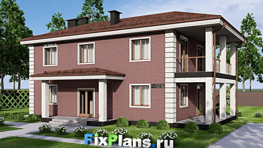 Проект двухэтажного дома 10 на 16, площадью 200 м² с террасой, балконом и 4 спальнями — фасад 1