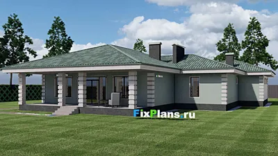 Проект одноэтажного дома 20 на 24, площадью 250 м² с террасой, гаражом на 2 машины и 3 спальнями — фасад 2