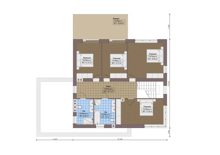 Проект двухэтажного дома 12 на 16, площадью 270 м² с террасой, балконом, гаражом на 1 машину и 4 спальнями — 2-й этаж