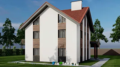 Проект двухэтажного дома с мансардой 12 на 14, площадью 280 м² с террасой, балконом и 4 спальнями — фасад 2