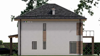 Проект двухэтажного дома 14 на 16, площадью 230 м² с террасой, балконом, гаражом на 1 машину и 5 спальнями — фасад 5