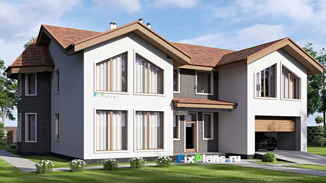 Проект двухэтажного дома 19 на 20, площадью 360 м² с террасой, гаражом на 2 машины и 3 спальнями