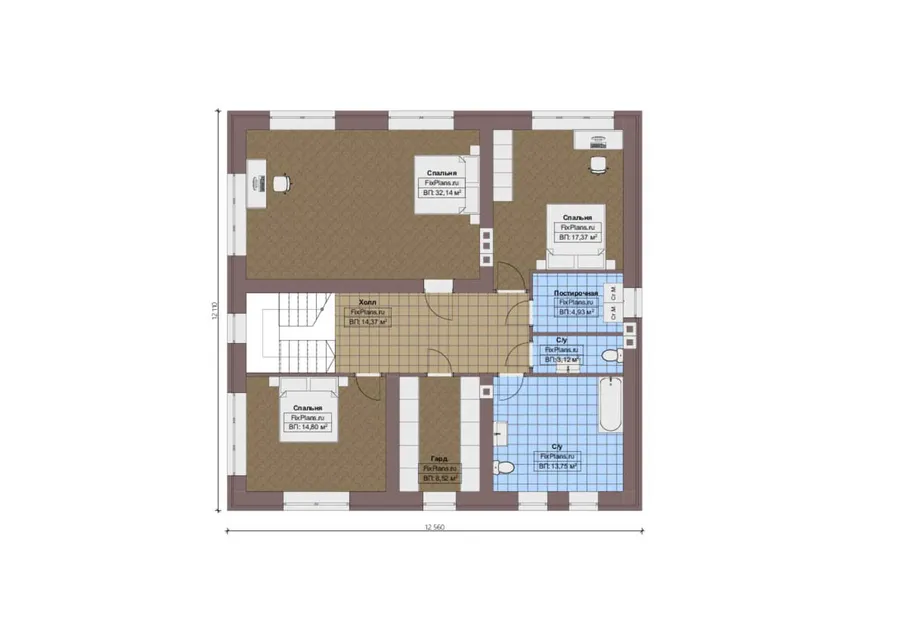 Проект двухэтажного дома 15 на 20, площадью 540 м² с террасой, гаражом на 2 машины и 8 спальнями — 2-й этаж