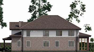 Проект дома с мансардой 17 на 22, площадью 310 м² с террасой, гаражом на 1 машину и 6 спальнями — фасад 5