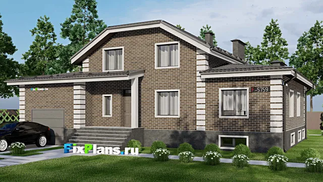 Проект дома с мансардой 13 на 18, площадью 320 м² с цокольным этажом, баней, гаражом на 2 машины и 5 спальнями
