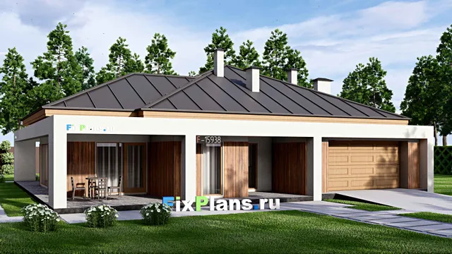 Проект одноэтажного дома 17 на 17, площадью 240 м² с террасой, гаражом на 2 машины и 3 спальнями