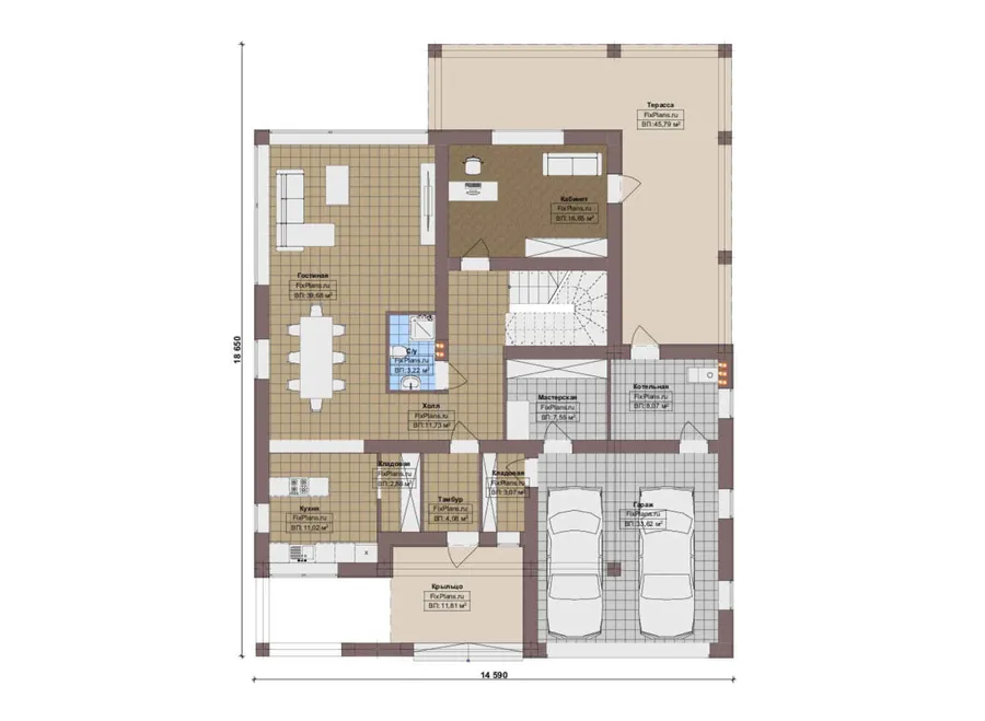 Проект двухэтажного дома 15 на 19, площадью 380 м² с террасой, балконом, гаражом на 1 машину, спортзалом и 3 спальнями — 1-й этаж