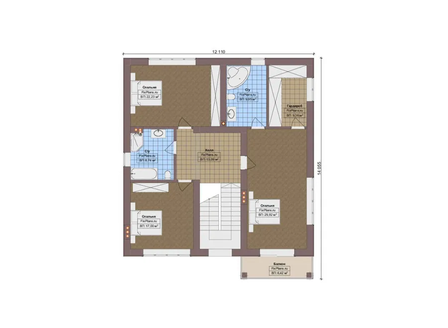 Проект двухэтажного дома 13 на 17, площадью 280 м² с террасой, балконом и 3 спальнями — 2-й этаж