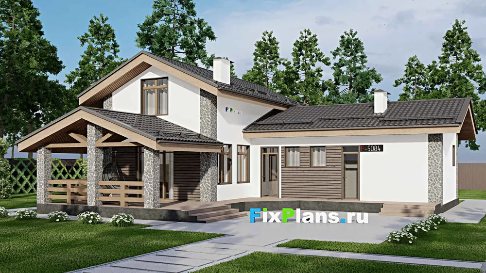 Проект дома с мансардой 10 на 15, площадью 170 м² с террасой, баней и 2 спальнями — фасад 1