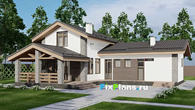 Проект дома с мансардой 10 на 15, площадью 170 м² с террасой, баней и 2 спальнями