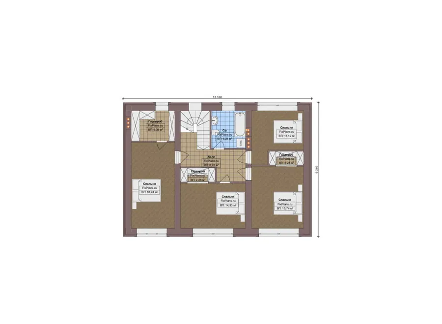 Проект двухэтажного дома 12 на 28, площадью 270 м² с террасой, баней, гаражом на 1 машину и 5 спальнями — 2-й этаж