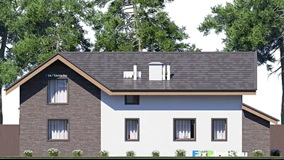 Проект дома с мансардой 11 на 18, площадью 250 м² с террасой, гаражом на 1 машину и 5 спальнями — фасад 6