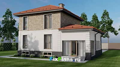 Проект двухэтажного дома 11 на 13, площадью 210 м² с террасой, балконом, цокольным этажом, гаражом на 1 машину и 4 спальнями — фасад 2