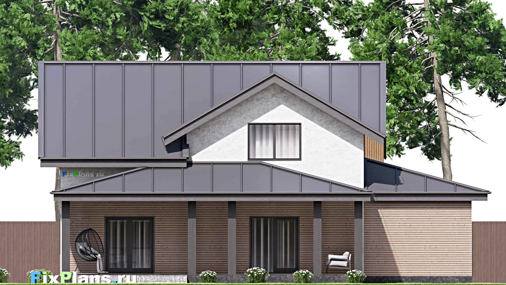 F-13697 - Проект дома с мансардой 16 на 17, площадью 280 м² с террасой, гаражом на 1 машину и 4 спальнями