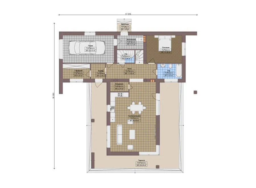 Проект двухэтажного дома 18 на 19, площадью 380 м² с террасой, балконом, гаражом на 1 машину и 4 спальнями — 1-й этаж