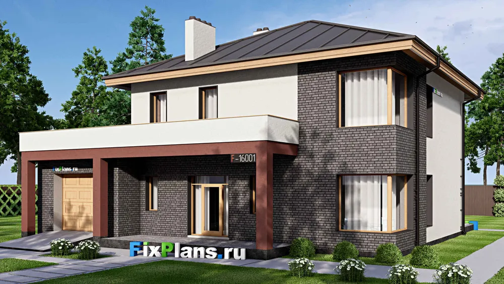 Проект двухэтажного дома 16 на 16, площадью 290 м² с террасой, балконом, гаражом на 1 машину и 4 спальнями — фасад 1