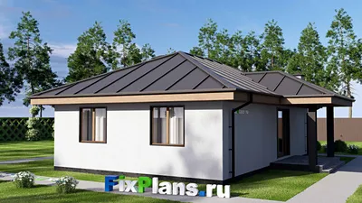 Проект одноэтажного дома 14 на 15, площадью 120 м² с террасой, гаражом на 1 машину и 2 спальнями — фасад 2