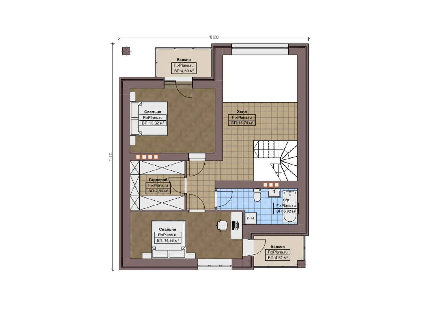 F-9242 - Планы дома с мансардой 10 на 12, площадью 160 м² с террасой, балконом и 3 спальнями