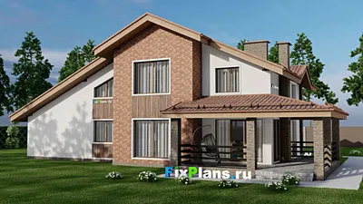 Проект дома с мансардой 14 на 22, площадью 270 м² с террасой, балконом, гаражом на 2 машины и 4 спальнями — фасад 2