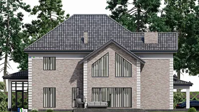 Проект двухэтажного дома 17 на 22, площадью 310 м² с террасой, гаражом на 1 машину и 6 спальнями — фасад 4