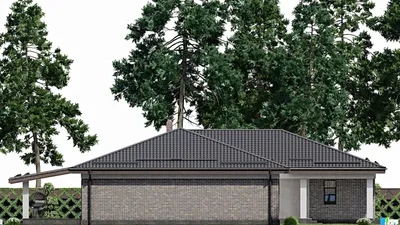 Проект одноэтажного дома 20 на 26, площадью 440 м² с террасой, баней, гаражом на 2 машины и 3 спальнями — фасад 4