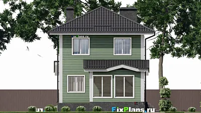 Проект двухэтажного дома 8 на 12, площадью 210 м² с террасой, цокольным этажом и 3 спальнями — фасад 3