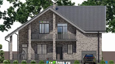 Проект дома с мансардой 13 на 14, площадью 250 м² с террасой, балконом, гаражом на 1 машину, спортзалом и 4 спальнями — фасад 3