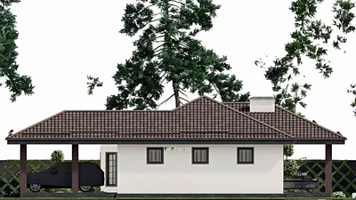 Проект одноэтажного дома 20 на 20, площадью 220 м² с террасой, гаражом на 2 машины и 2 спальнями — фасад 5