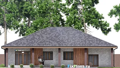 Проект одноэтажного дома 17 на 20, площадью 360 м² с террасой, цокольным этажом, баней, гаражом на 1 машину и 2 спальнями — фасад 6