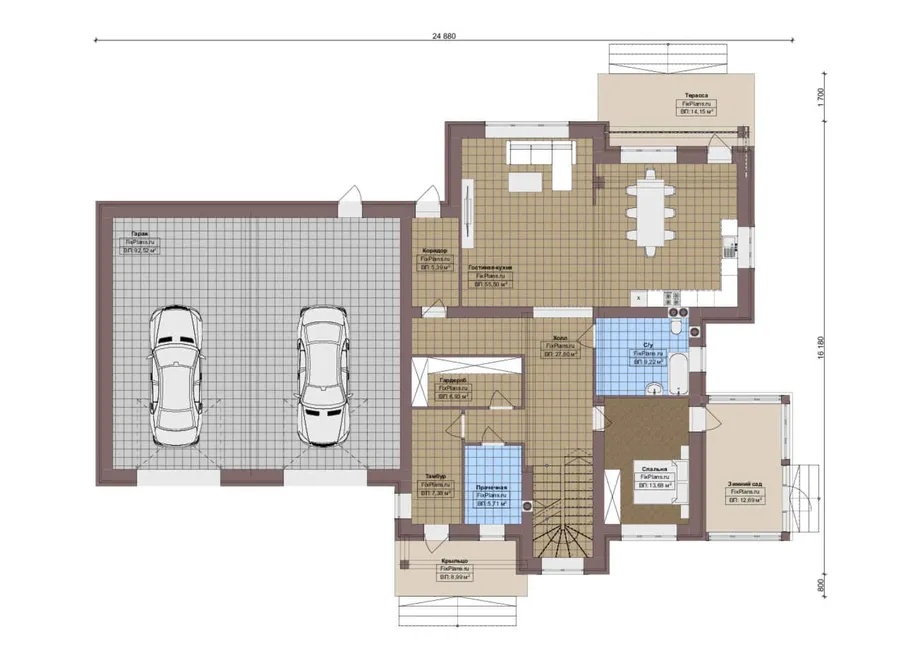 Проект двухэтажного дома 17 на 25, площадью 500 м² с террасой, балконом, гаражом на 2 машины и 4 спальнями — 1-й этаж