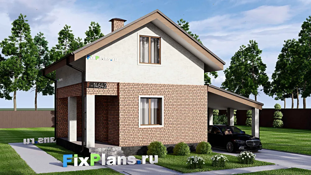 Проект бани 8 на 11, площадью 70 м² с комнатой отдыха, мансардой, санузлом и 2 спальнями — фасад 1