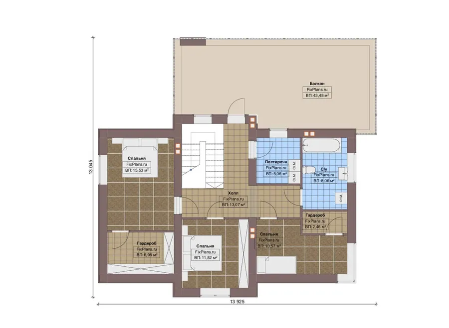 Проект двухэтажного дома 14 на 18, площадью 270 м² с террасой, балконом, гаражом на 1 машину и 4 спальнями — 2-й этаж