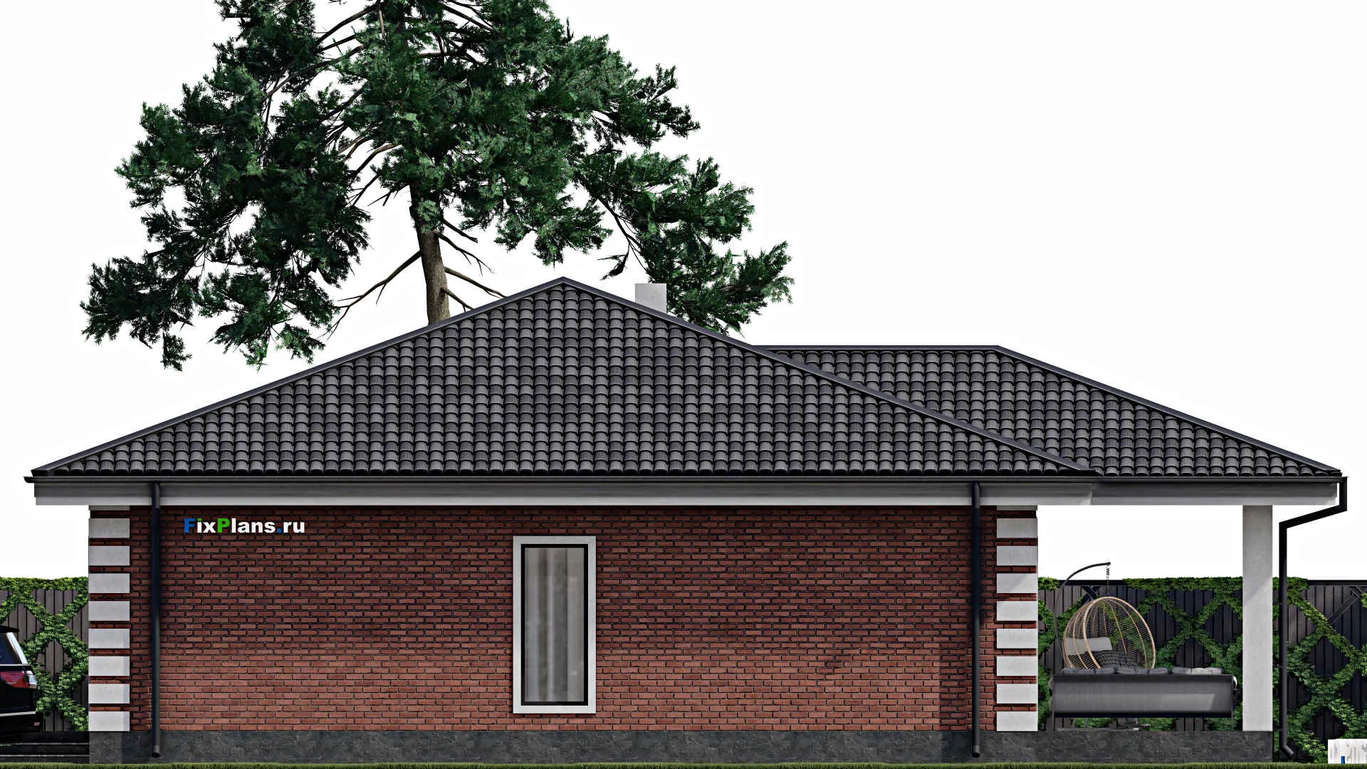 F-1250 - Проект одноэтажного дома 12 на 12, площадью 140 м² с террасой и 3 спальнями