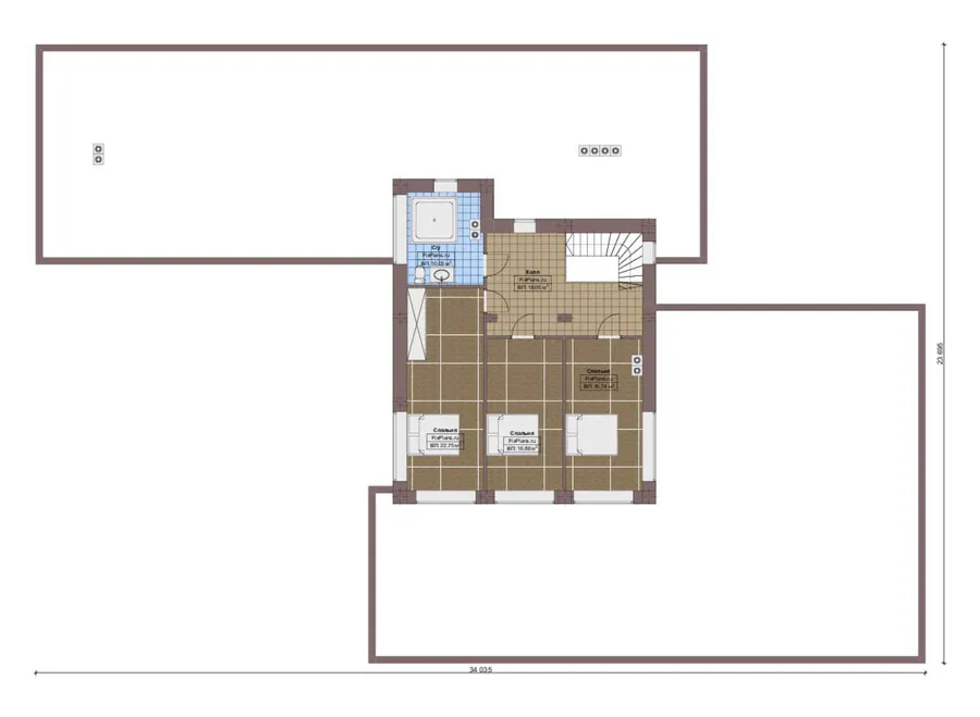 Проект двухэтажного дома 22 на 33, площадью 360 м² с террасой, баней, гаражом на 2 машины и 3 спальнями — 2-й этаж