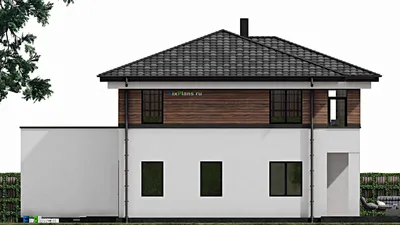 Проект двухэтажного дома 14 на 16, площадью 290 м² с террасой, балконом, гаражом на 2 машины и 2 спальнями — фасад 5