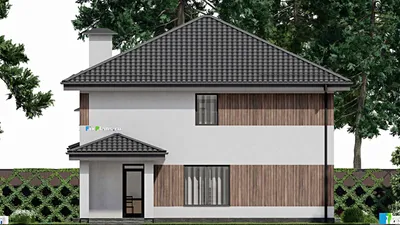 Проект двухэтажного дома 12 на 16, площадью 230 м² с террасой, балконом, гаражом на 1 машину и 6 спальнями — фасад 4