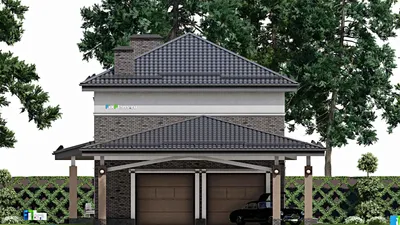 Проект двухэтажного дома 12 на 28, площадью 270 м² с террасой, баней, гаражом на 1 машину и 5 спальнями — фасад 4