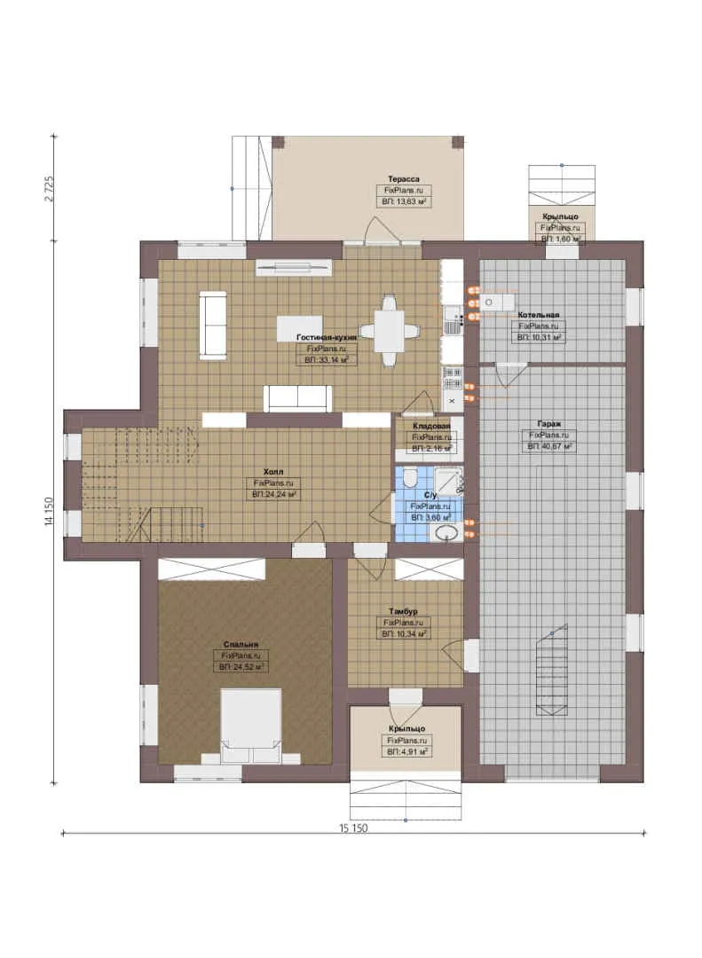 Проект двухэтажного дома 15 на 16, площадью 270 м² с террасой, балконом, гаражом на 2 машины и 4 спальнями — 1-й этаж