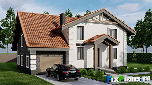 Проект дома с мансардой 14 на 16, площадью 250 м² с террасой, балконом, гаражом на 1 машину, спортзалом и 4 спальнями